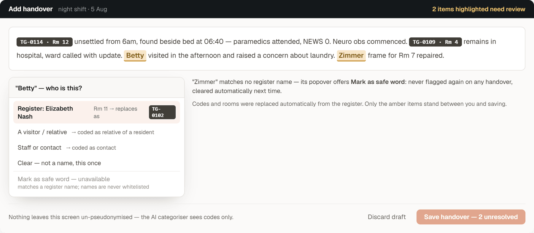Care notes with pseudonymisation review