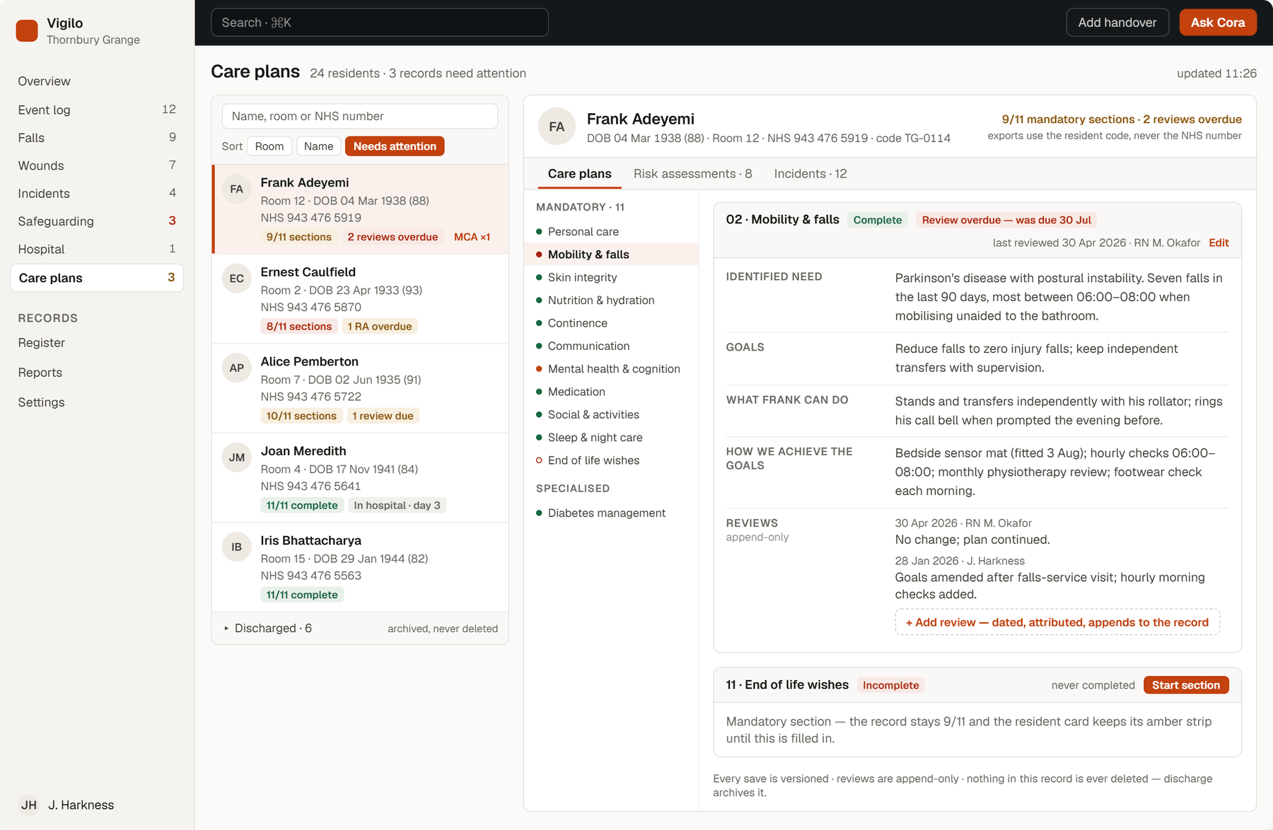 Care plan record with audited sections